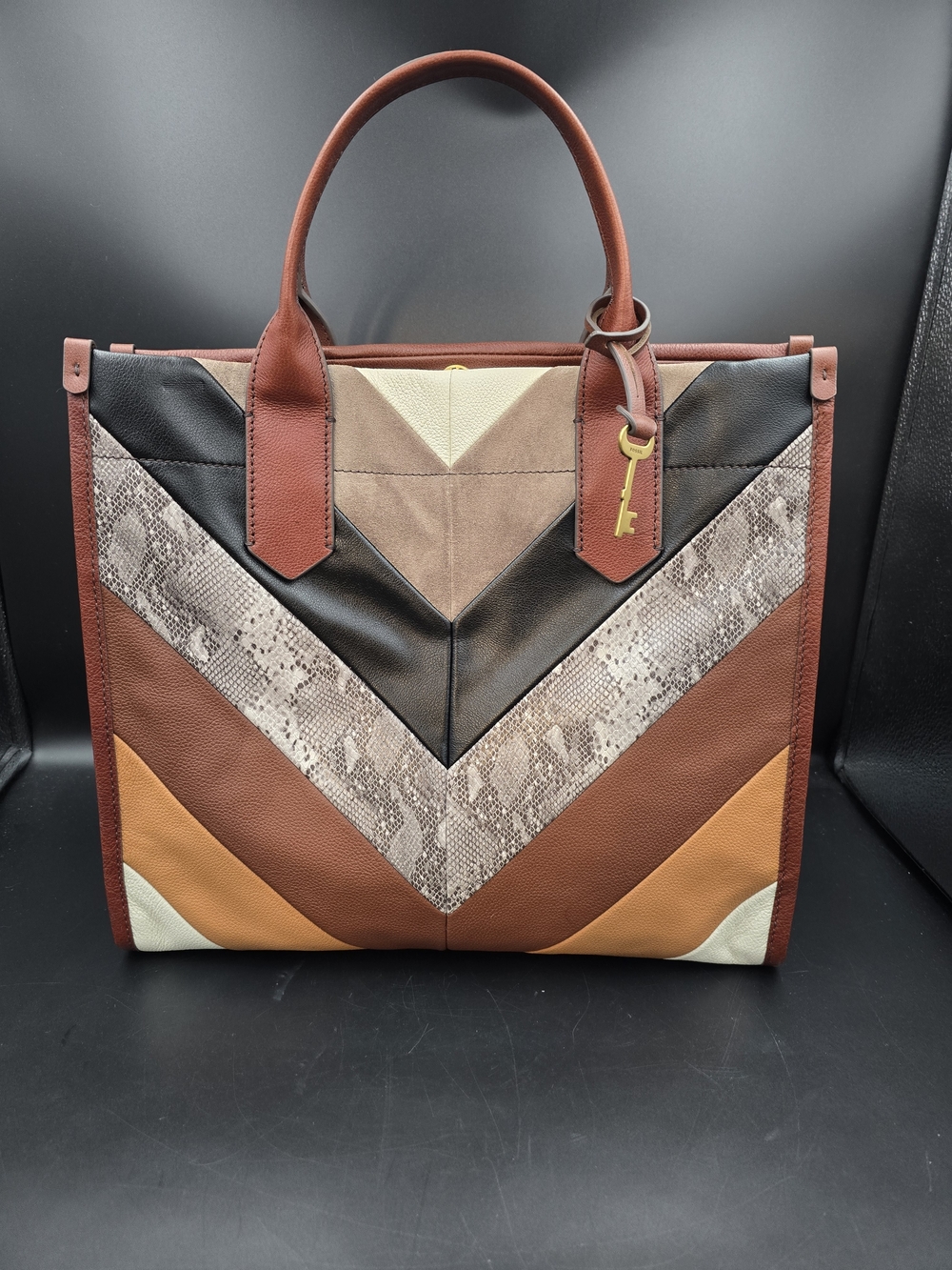 Fossil Patchwork Chevron Tote in Brown, Tan, Black and Cream